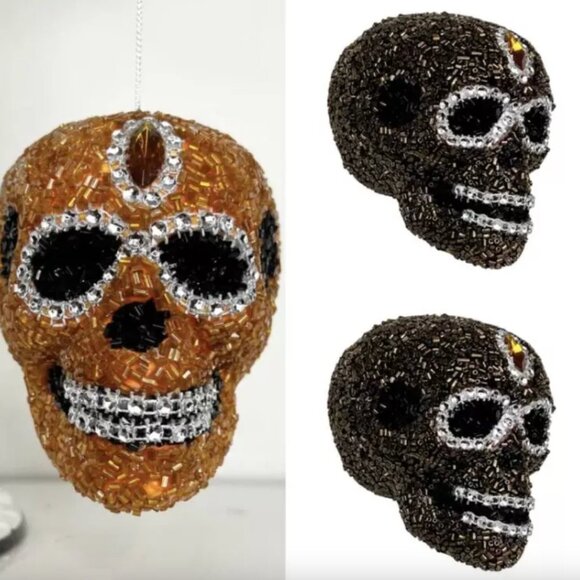 Beaded Intricate Brown or Orange Skull Ornament Halloween, Christmas Decoration - Picture 6 of 9